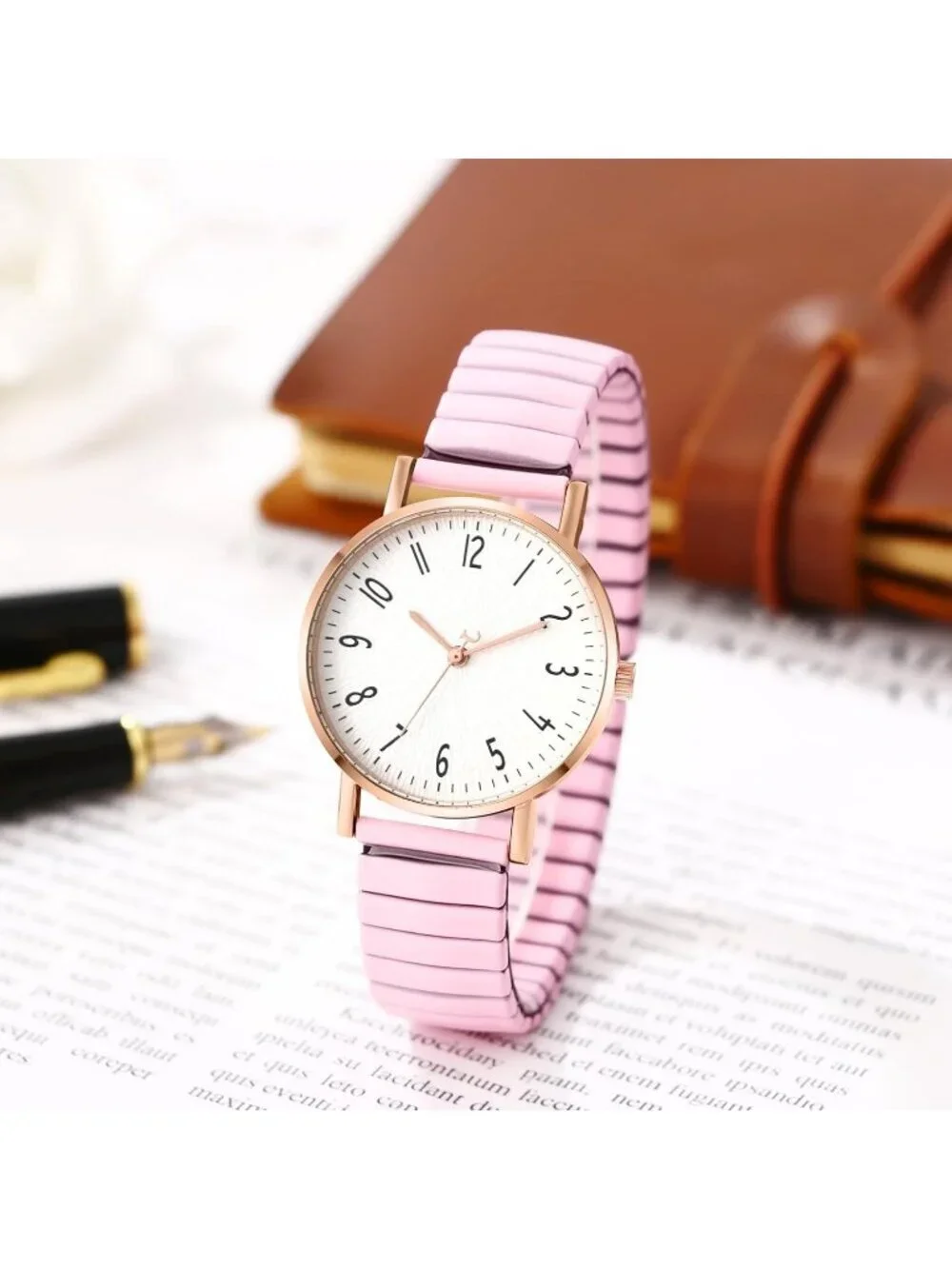 Women's Pink Analog Quartz Elastic Strap Arabic Numerals Waterproof Wrist Watch